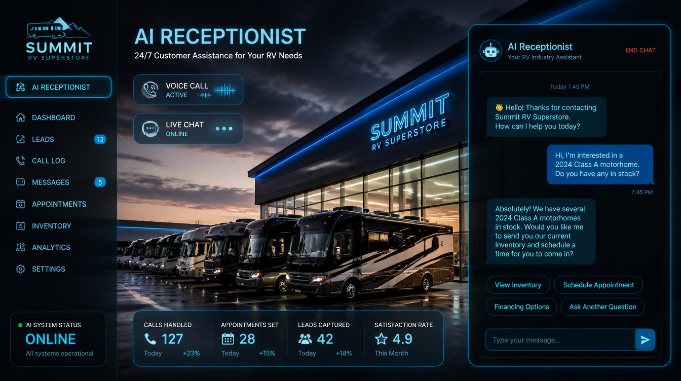 AI Receptionist for RV Dealers: Answer Every Call, Qualify Buyers, Book More Demos (2026 Guide)