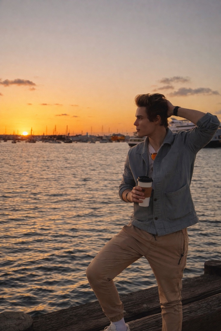 Tim Johnson at golden hour by the harbor